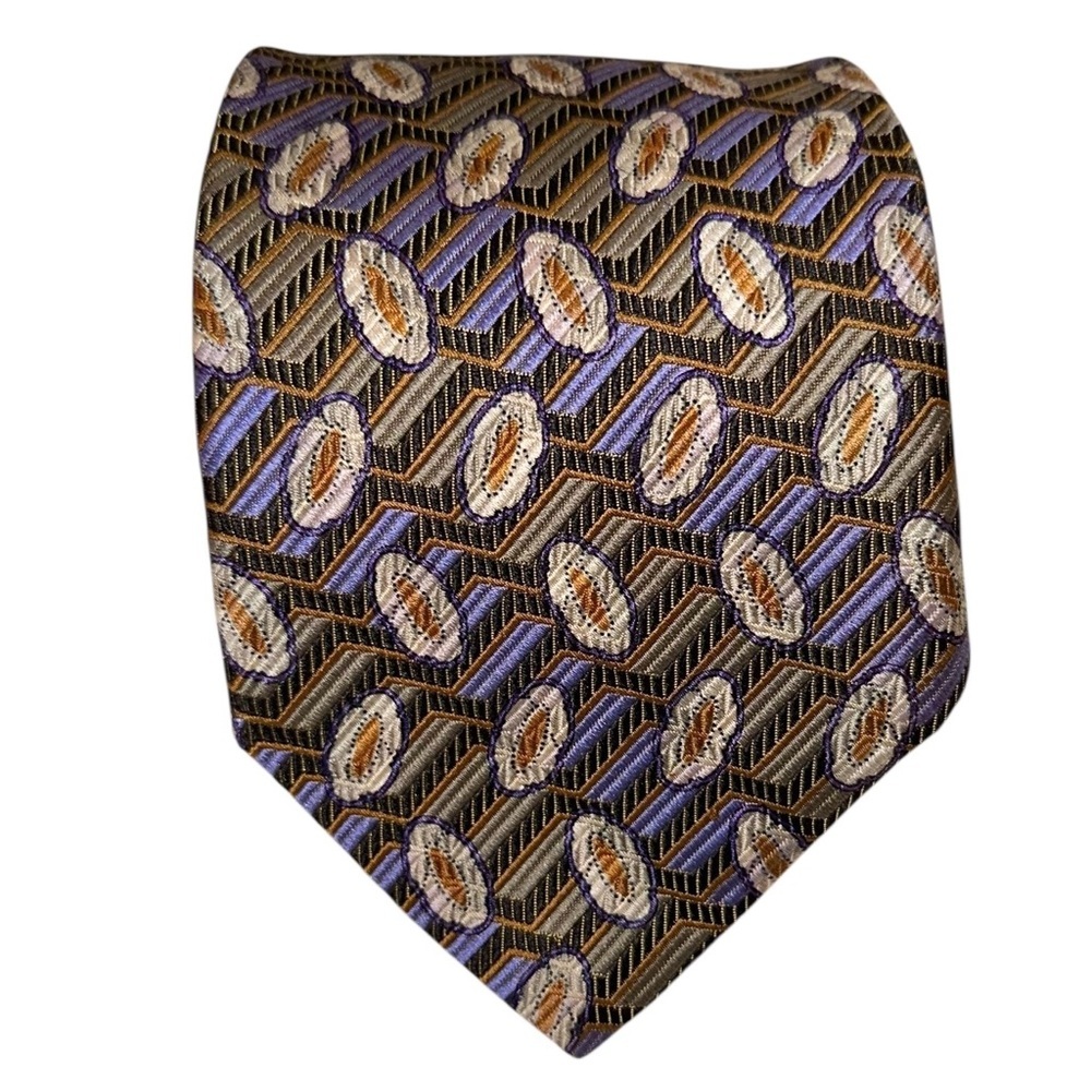 Robert Talbott Tie Best of Class Silk Purple Gold Jacquard Geometric 61x3.75”USA
